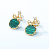 Round Shape Malachite Bowknot Zircon Sterling Silver Drop Earrings